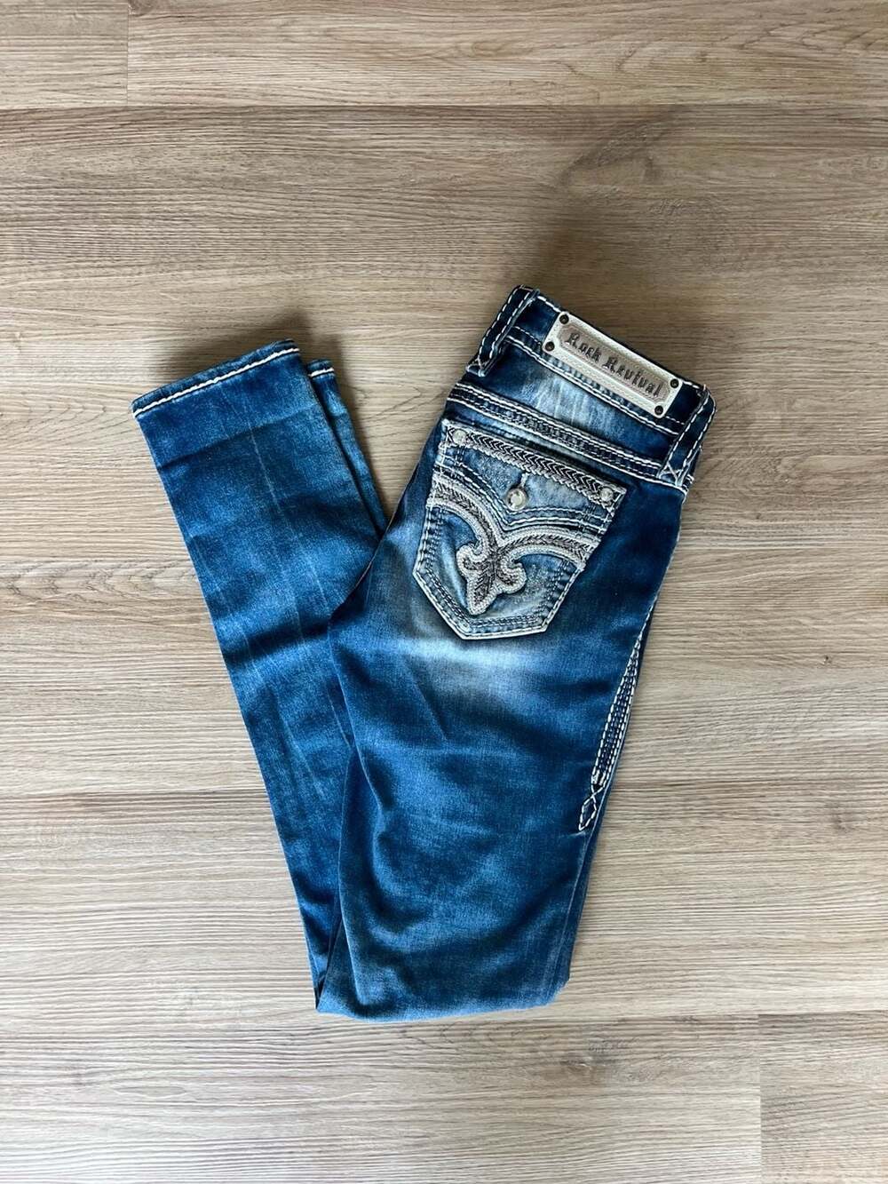 Rock Revival,Y2K Oliana Skinny Jeans,Dark Wash, Embellished,White Stitching,26